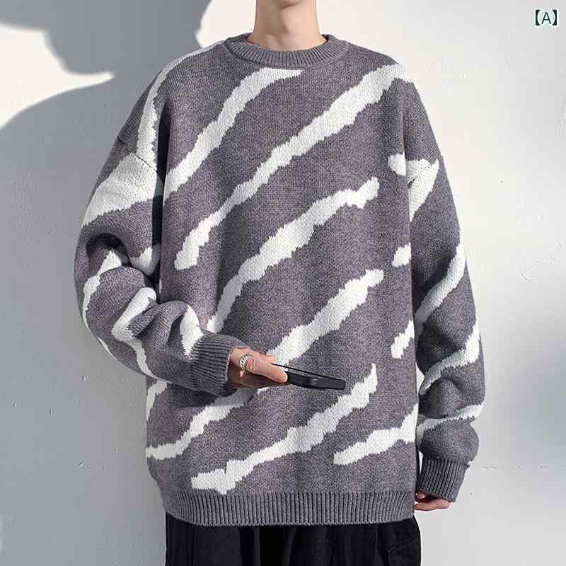 メンズ トップス ニット 秋冬 暖かい おしゃれ ラウンドネック プルオーバー 長袖 ボトムス 春 ストライプ カラー ブロッキング セーター