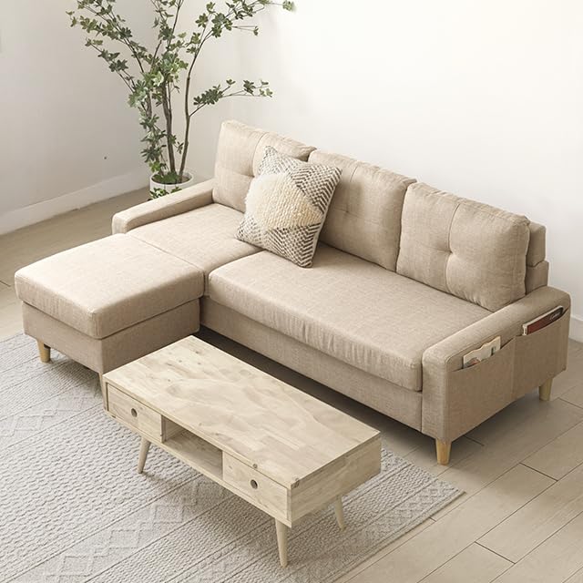 モダンデコ ソファー 3人掛け オットマン付き 収納ポケット ファブリック (ラテベージュ)