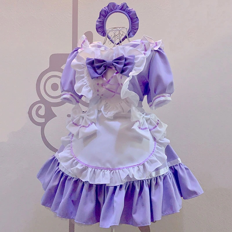 紫色メイド服 シンプル 蝶結び飾り アニメコスプレ