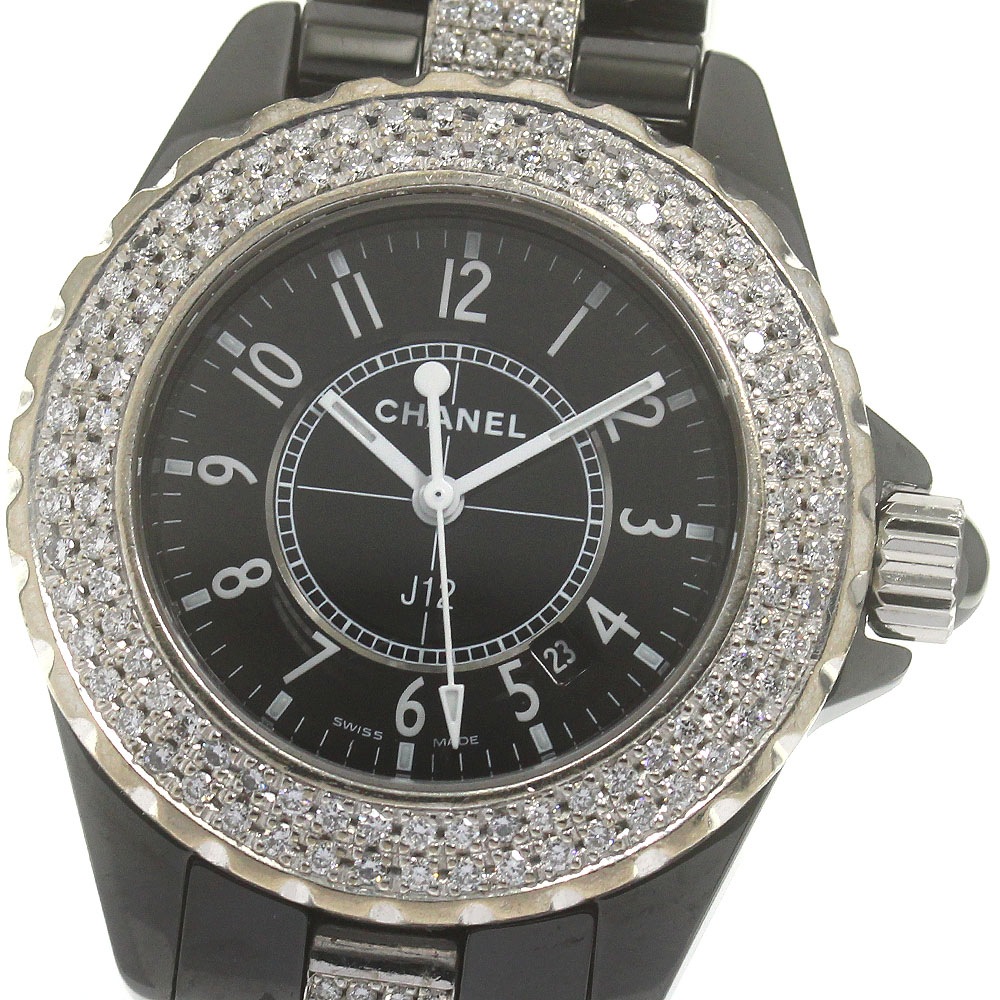 シャネル CHANEL H1338 J12 黒セラミック デイト ダイヤベゼル クォーツ レディース _846696【中古】