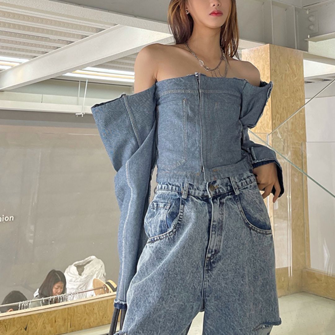 トップス シャツ チューブトップ ビスチェ風 デニムシャツ Gジャン 上着 ミニ丈 ショート丈 袖なし 長袖 燃え袖 人気 トレンド オフショルダー スリム タイト 細身 シンプル カジュアル