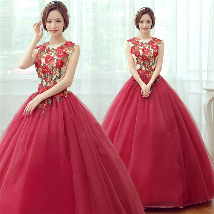 レッド　カラードレス　二次会ドレス　パーティードレス　ウェディングドレス　演出舞台　発表会　演奏会用ドレス ロングドレス プリンセスライン　ステージ衣装・二次会・花嫁衣裳にも