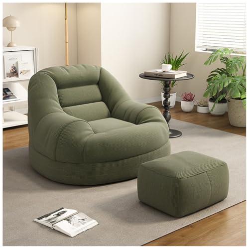 ひとりがけソファー ローソファー 1人掛け 座布団 豆袋 軽量 一人暮らし 座椅子 ビーズクッション コンパクト おしゃれ 北欧 耐久性のある生地 立ち座りがしやすい (グリーン オットマン付き)