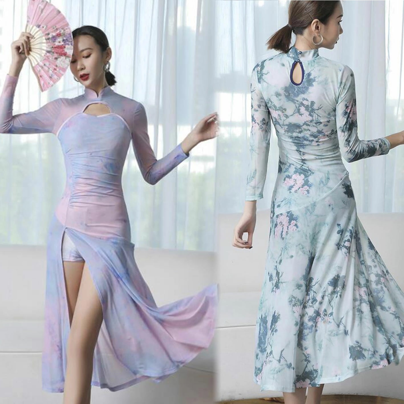レディースダンスウェア 古典ダンスウェア チャイナドレス ベリーダンス衣装 中華風 透け感 密着ワンピース ロング丈 立ち襟 中華古典 花柄 ダンス練習着 団服 レッスン着 古典ダンス/ヨガ/バレエ