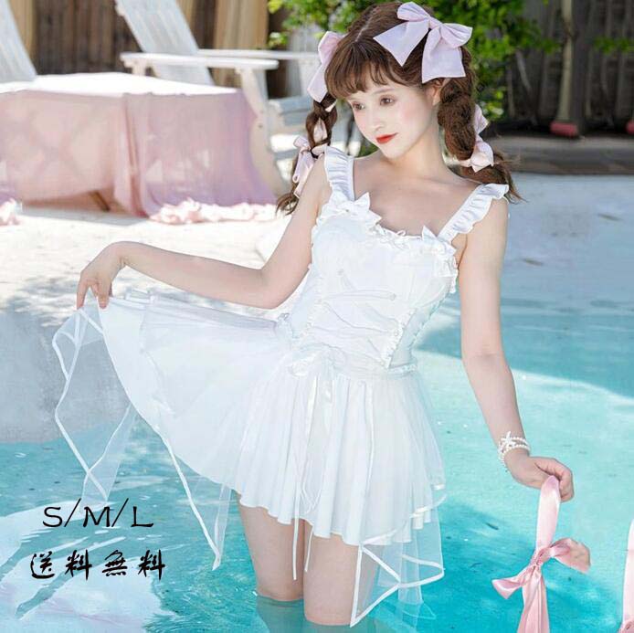 新品水着 レディース ロリータ風 リボン かわいい フリル オフショルダー リボン 水着 肩出し 着瘦せ 撮影 温泉 プール ビーチ ホワイト S M L