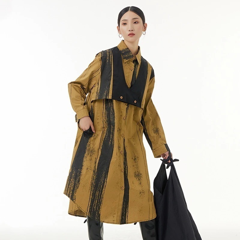 フェイクレイヤードデザイン長袖シャツワンピースベストセットアップレディース秋服韓国ファッションストライプブラウスロング2024人気新作人気新作
