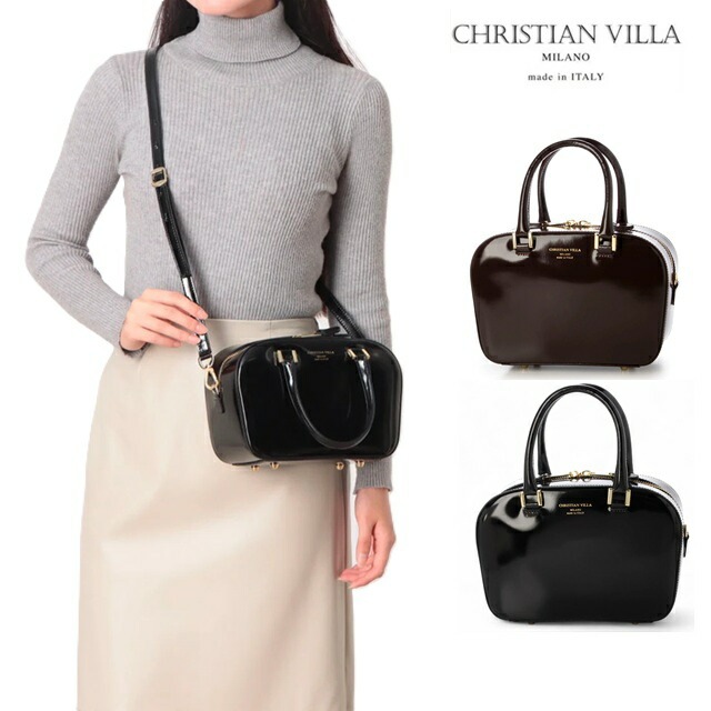 CHRISTIAN VILLA クリスチャンヴィラ ハンド バッグ 2WAY ショルダーバッグ レディース イタリア製 牛革 ガラスレザー 6327 ブラック ボルドー