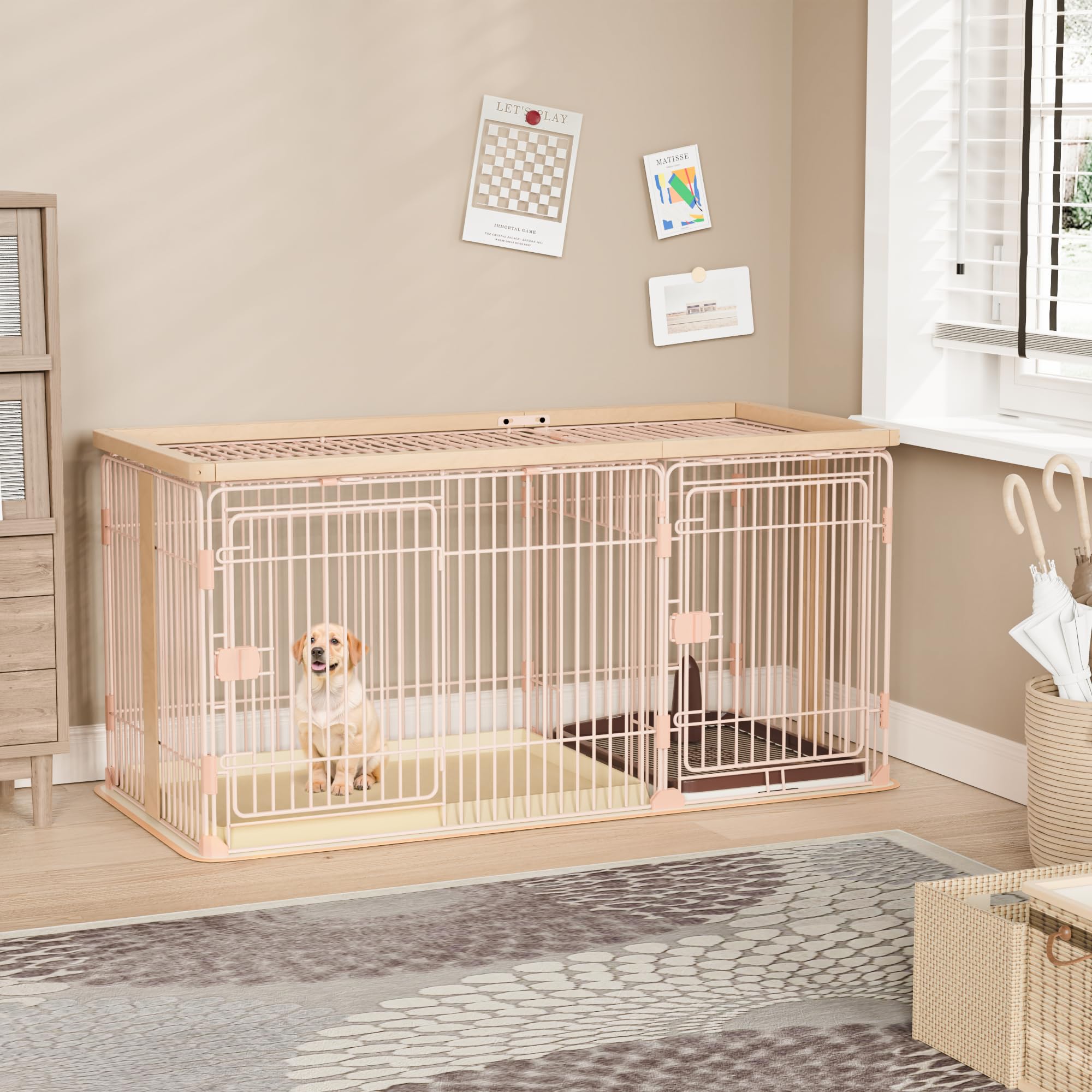 犬 ケージ 犬 ゲージ 幅146×奥行68×高さ70cm 小中大型犬用 屋根付き 犬ゲージ ペットケージ 犬サークル ペットサークル 木製 室内 トイレ付き マット トイレトレーニング出来る 仕切 組