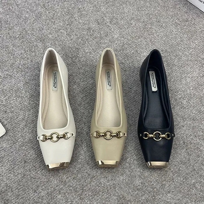 【急速出荷!】バレエシューズ スクエアトゥ ビットデザイン メタルトゥ フラットパンプス ブラック カーキ アプリコット フラットソール ローヒール