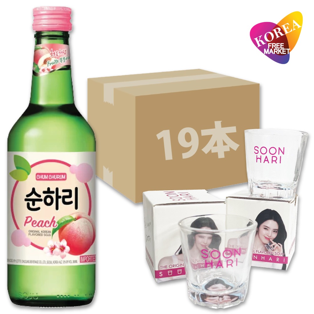 ロッテ スナリ モモ 360ml 19本 + ハンソヒ焼酎グラス 2個セット / 韓国焼酎 チョウムチョロム スンハリ 桃焼酎