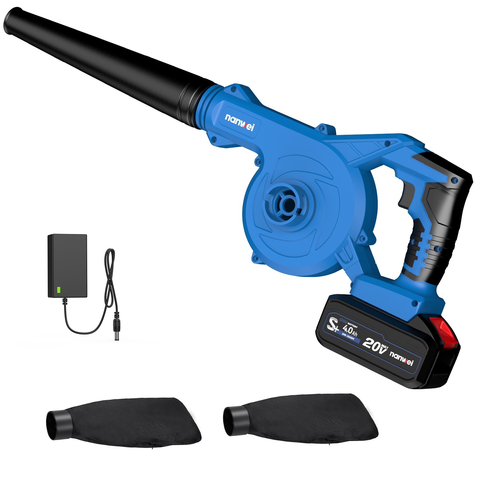 ブロワー 充電式ブロワ マキタ18Vバッテリー対応 無段階風量変速 1台2役 送風機・集塵機 庭木や落ち葉の掃除 洗車 水滴飛ばし 軽量 小型ブロアー 4.0Ahバッテリー1個 充電器付き