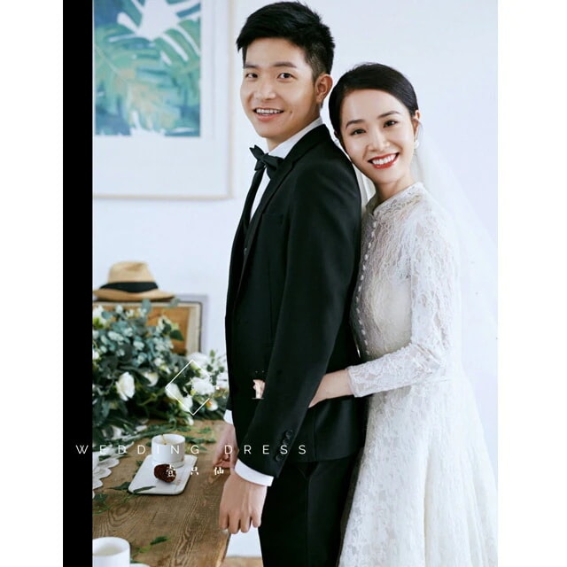 ウェディングドレス 長袖 チャイナドレス 白 レースドレス Aライン ロングドレス 結婚式 優雅 エレガント 二次会ドレス 総レース お呼ばれドレス ロング丈 ブライダルドレス 立ち襟 シ