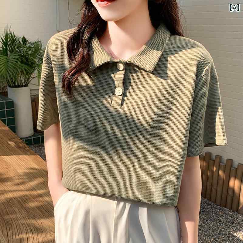 ポロシャツ レディース 半袖 Tシャツ 夏 ワッフル ボトム トップス グリーン ホワイト ベージュ