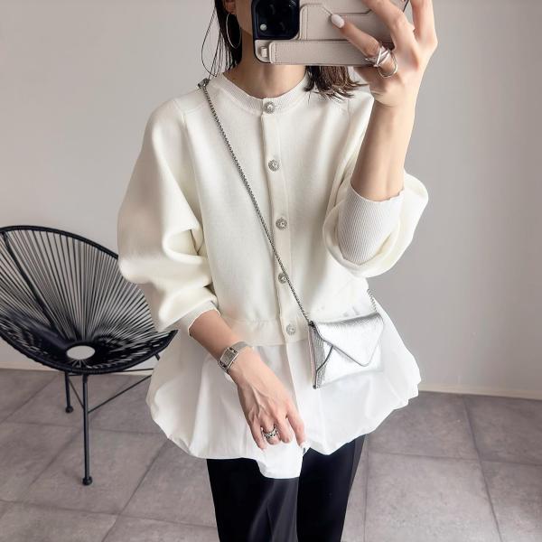 【新登場!!】 女っぽさが漂うラウンドネック長袖切り替えパッチワークニットカーディガン