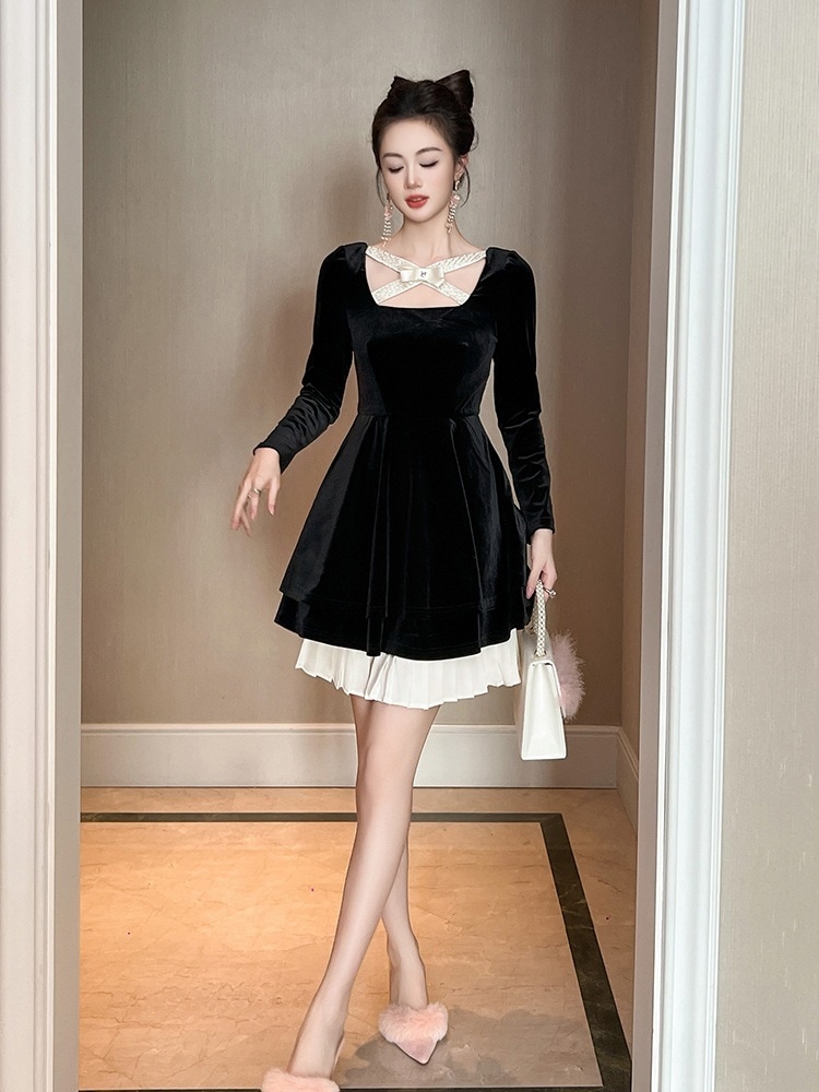 【JY.上品】 2025秋 蝶結び ベルベット プリーツ ドレス パーティー キャバ 大人 同窓会 披露宴 卒業式 結婚式 演奏会 ウェディング 二次会 メガ割