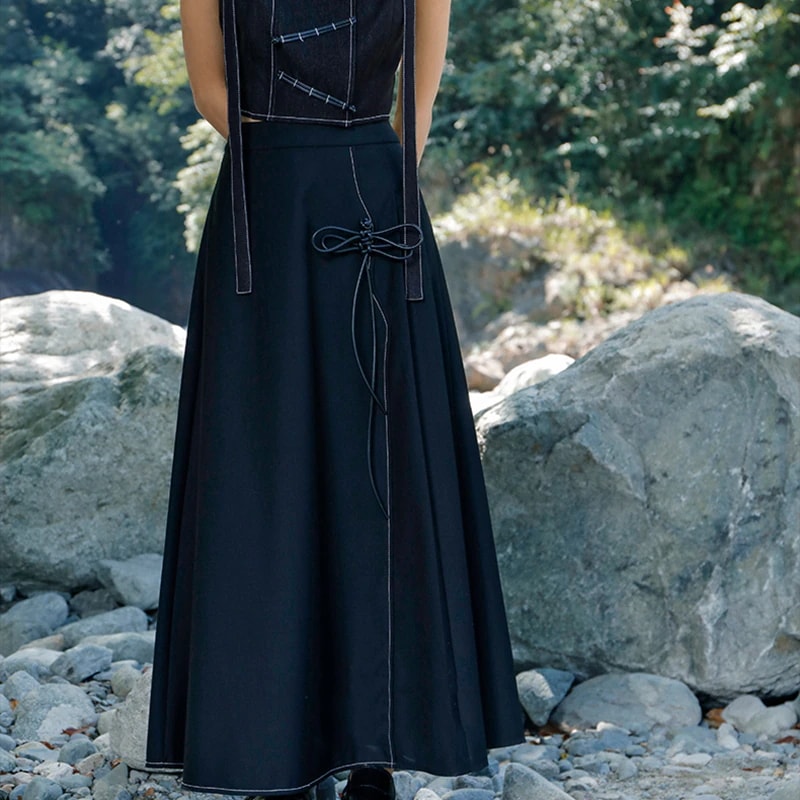 ロングスカート マキシ丈 チャイナ風スカート 黒 トンボチャイナボタン ハイウエスト 着痩せ エレガント 独特