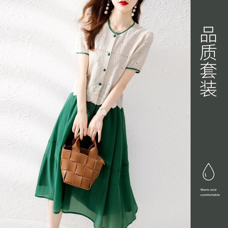 気質通勤スーツ夏の新型小清新優雅気質カジュアル透かしレース2点セットスカート女装