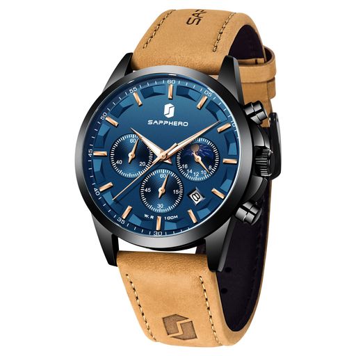 メンズ腕時計 10気圧防水多機能ダイヤルクロノグラフステンレススチール/レザーストラップウォッチクォーツムーブメント防水とスクラッチ耐性 ビジネスウォッチ アナログ時計男性へのギフト茶-青