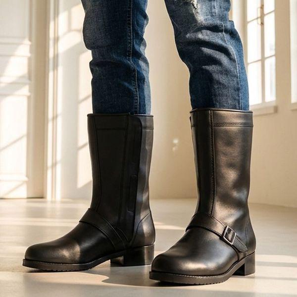 / メンズ牛革ロングブーツ毛皮の裏地ライダーブーツ