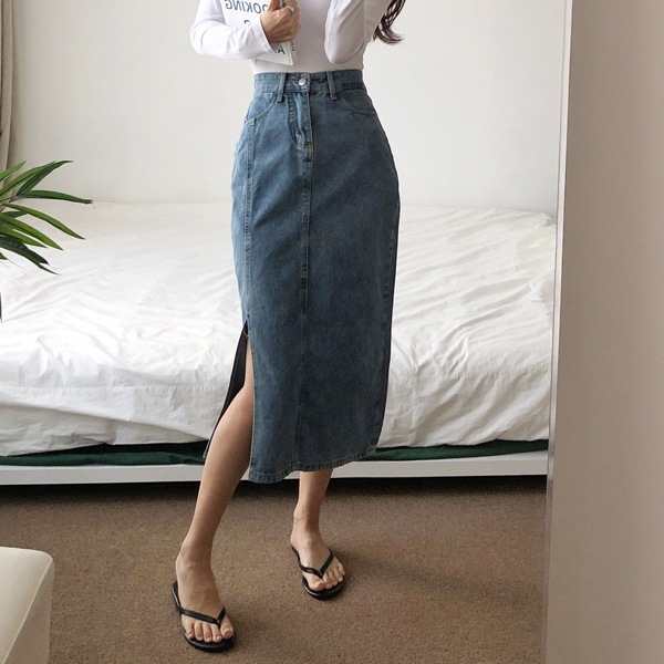 韓国ファッション シンプル Hライン サイドスリット デニム デニム ロング スカート