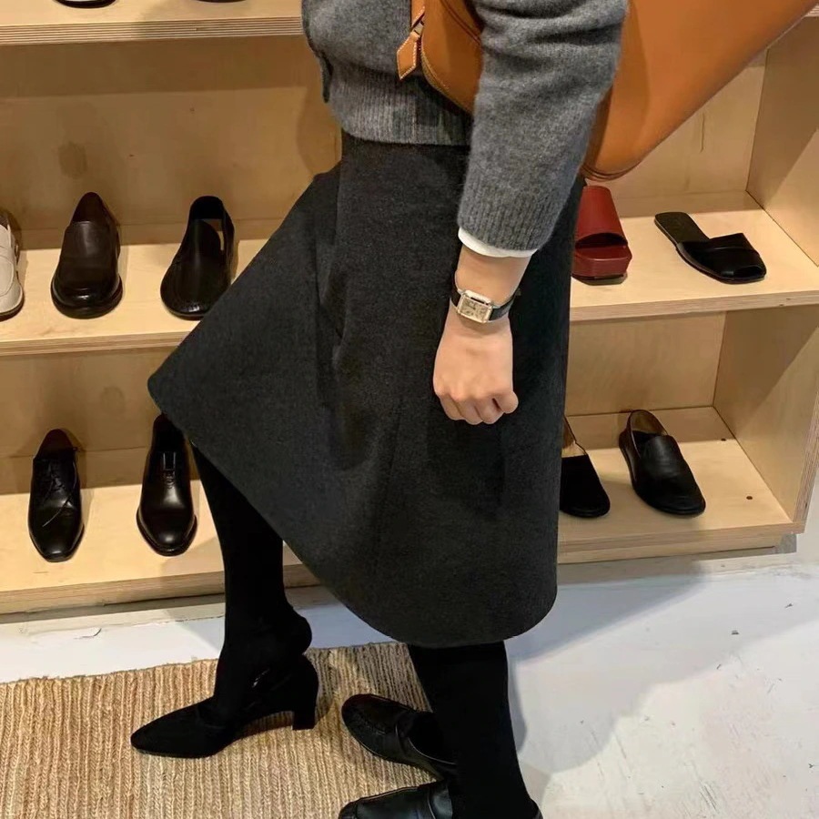 春 新作 韓国 気品 無地 ハイウエスト スリム ミディ スカート