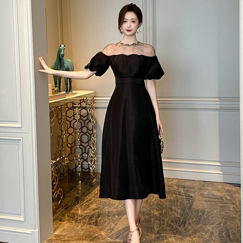 夏 ドレス 半袖 ロングワンピース サマー 新作 ウエスト引き締め ブラックワンピース パーティードレス キャバドレス レディース