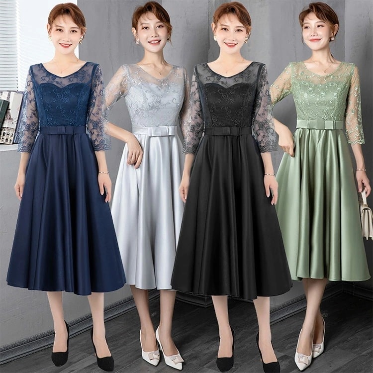 結婚式ドレス レース サテン 40代 ネイビー 紺色 お呼ばれドレス ミモレ丈 二次会ドレス Aライン 7分袖 パーティードレス 30代 黒 ブラック グレー グリーン パープル ミディアム丈ドレス