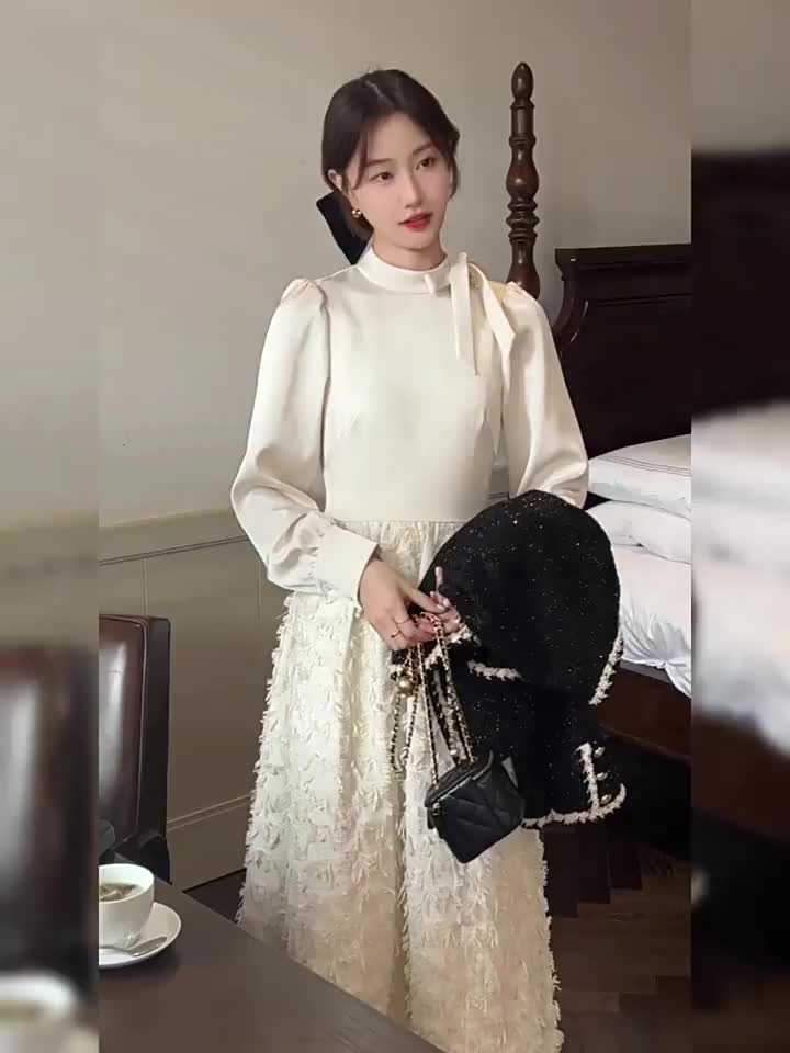 ボウタイデザインインナードレス秋冬白優しい気質ロングスカート女性用U61