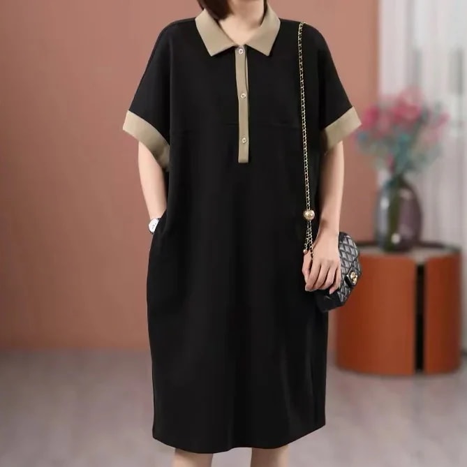 デザイン感カジュアルpolo襟半袖カジュアルなワンピース着痩せ効果2024夏シャツワンピース