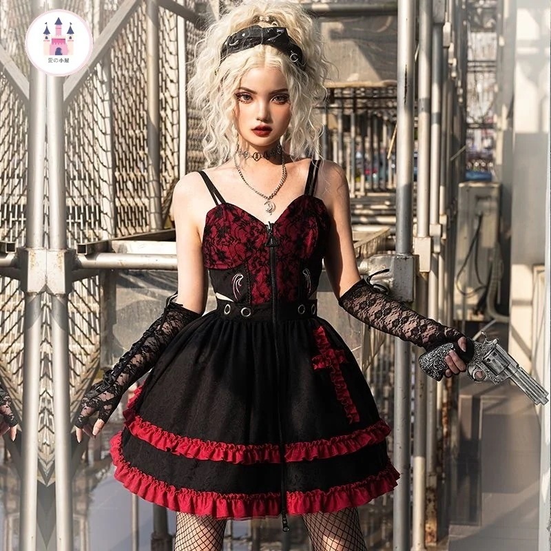 オリジナル黒赤素ギャルダークフロントファスナー開き胸当て付きロングスカート秋