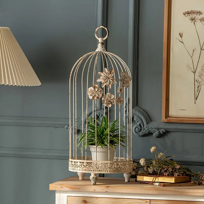 鳥かご アンティーク調 ヴィンテージ調 ヨーロピアンスタイル ホワイト キャンドルホルダー プランツケージ 卓上 インテリア雑貨 装飾 屋内 屋外