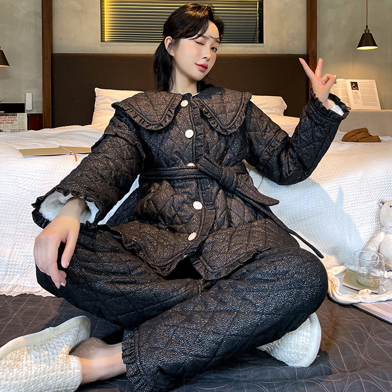 暖かい 厚手 パジャマ もこもこ 冬 レディース 上下セット ナイトウェア ルームウェア 長袖 大きいサイズ人形襟パジャマの女性の秋冬の純綿黒色三層綿レジャー単色家居服セット