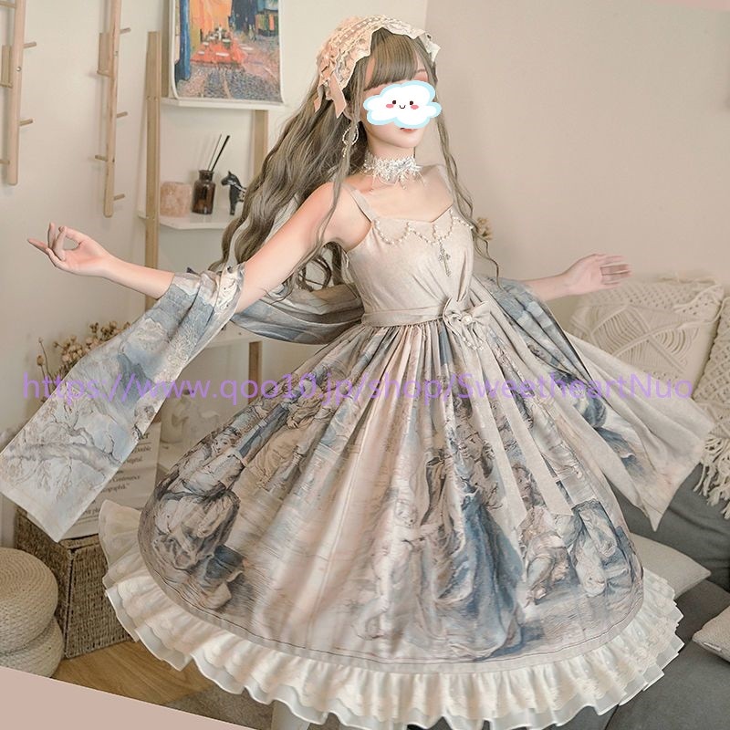 油絵柄宮廷の華やかファンタジーワンピースJSKキャミソールスカートLolitaスカート ロリスーツ ロリ可愛 メイド服 二次元 学園祭 文化祭コスチューム