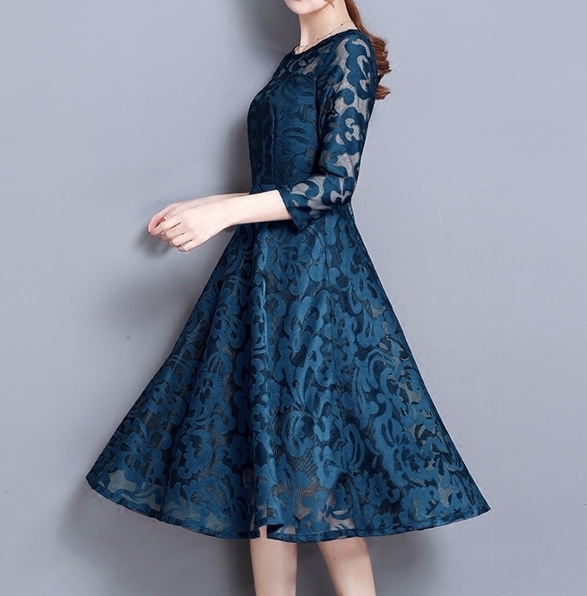 ワンピース レディース フレアワンピース M L XL 2XL 3XL 4XL 5XL 韓国 ワンピドレス ミモレ ミモレ丈 袖あり 7分袖 七分袖 フレア スリム タイト Aライン 刺繍 透け感