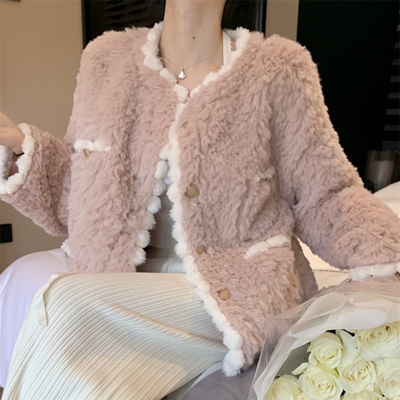アウター レディース ジャケット ファージャケット 韓国 長袖 ドロップショルダー ラウンドネック スカラップ モコモコ ふわふわ ポケット シングル 大人可愛い シンプル カジュアル エレガント