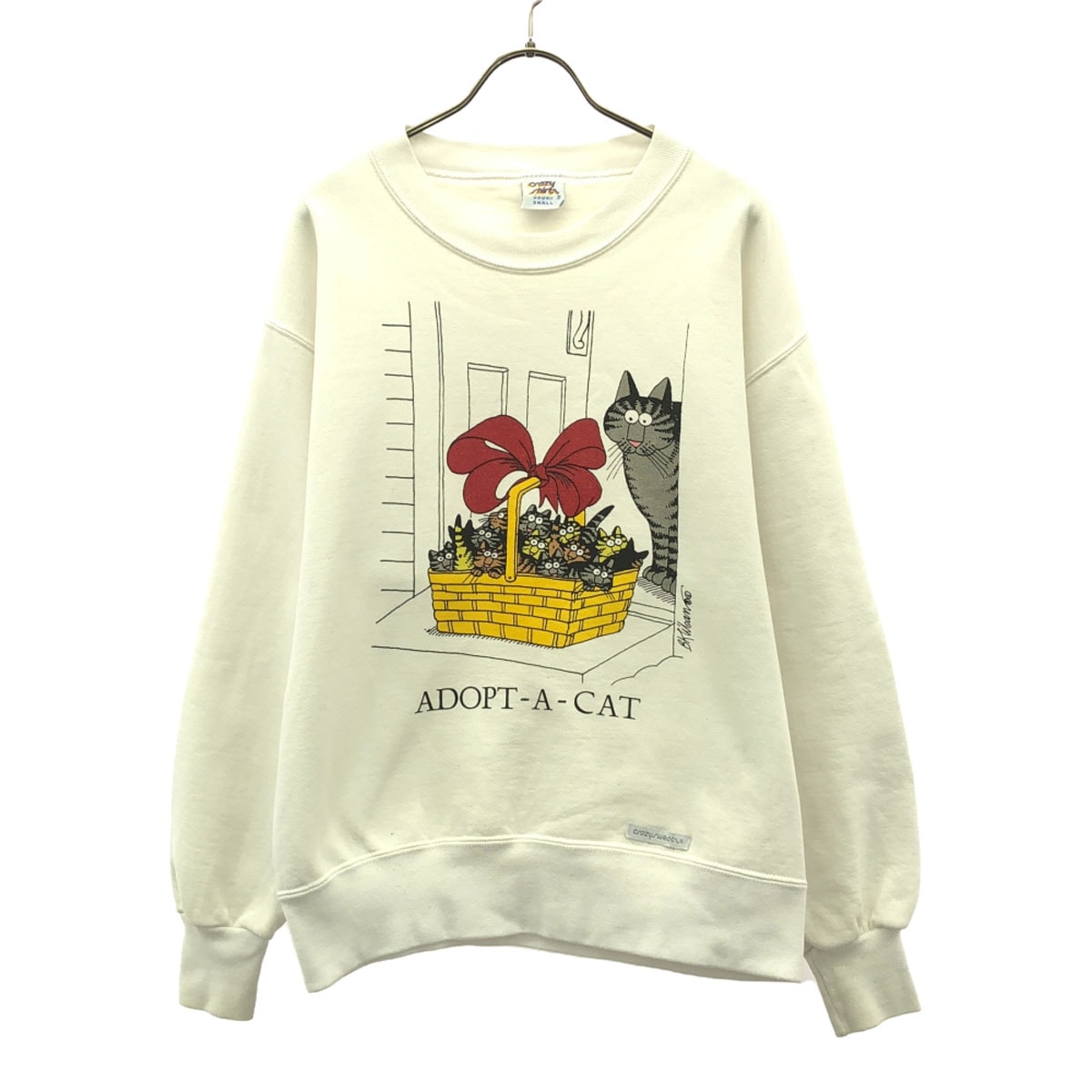 Crazy Shirt クレイジーシャツ 90s USA製 オールド プリント柄 長袖 スウェット S ホワイト トレーナー クリバンキャット バックプリント メンズ 古着