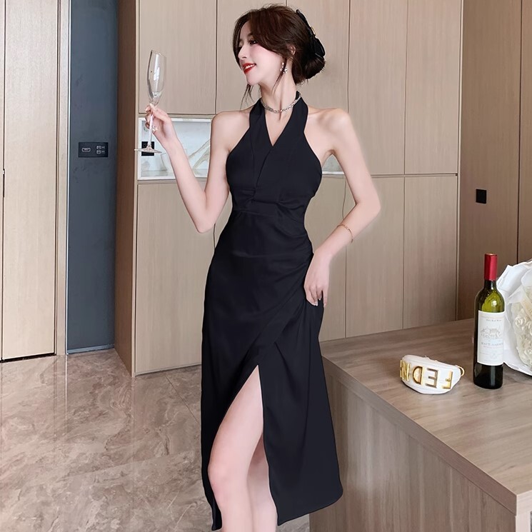 ワンピース パーティードレス 二次会ドレス イブニングドレス ロング丈 袖なし ホルターネック ヘップバーンスタイル かわいい 大人可愛い きれいめ カジュアル 大人 上品 おしゃれ お洒落