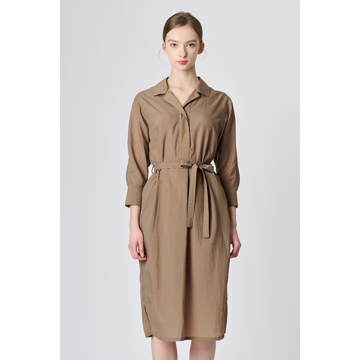 [韓国きれいめコーデ ] シャツカラーピンタックワンピース