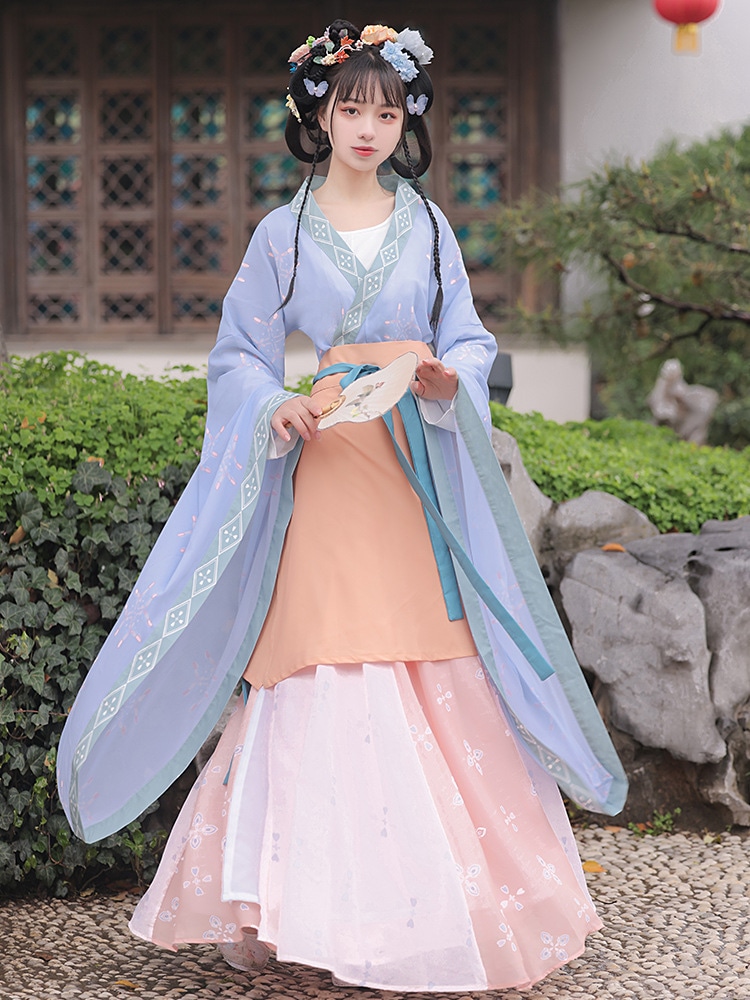 Yunmengxi 安心の宴会 南北朝漢服の女性のオリジナルの本格的な中国風の大きな袖のワンピース ウエスト壊れたスカート 夏