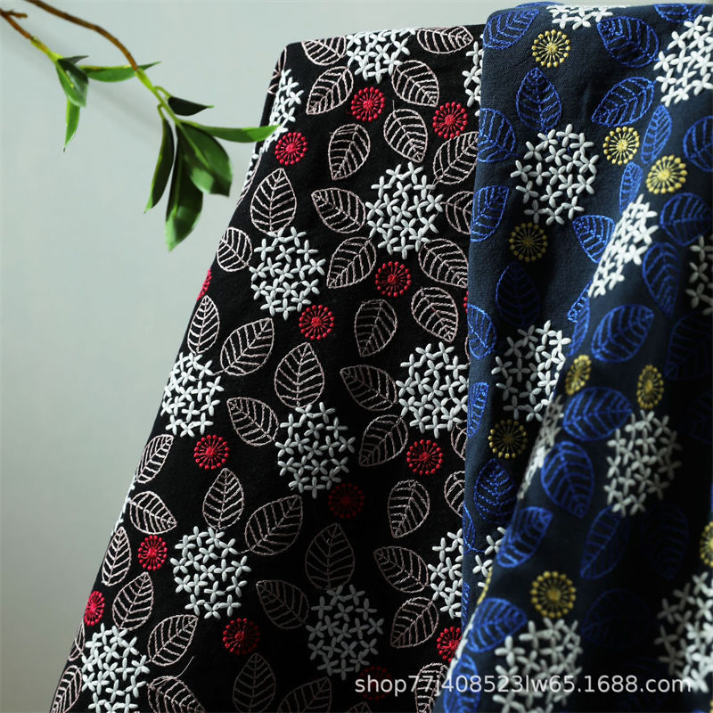 幅120cm 90cm単位 生地 布 綿麻生地 刺繍生地 花柄 植物柄 手芸 裁縫 DIY ネイビー レッド