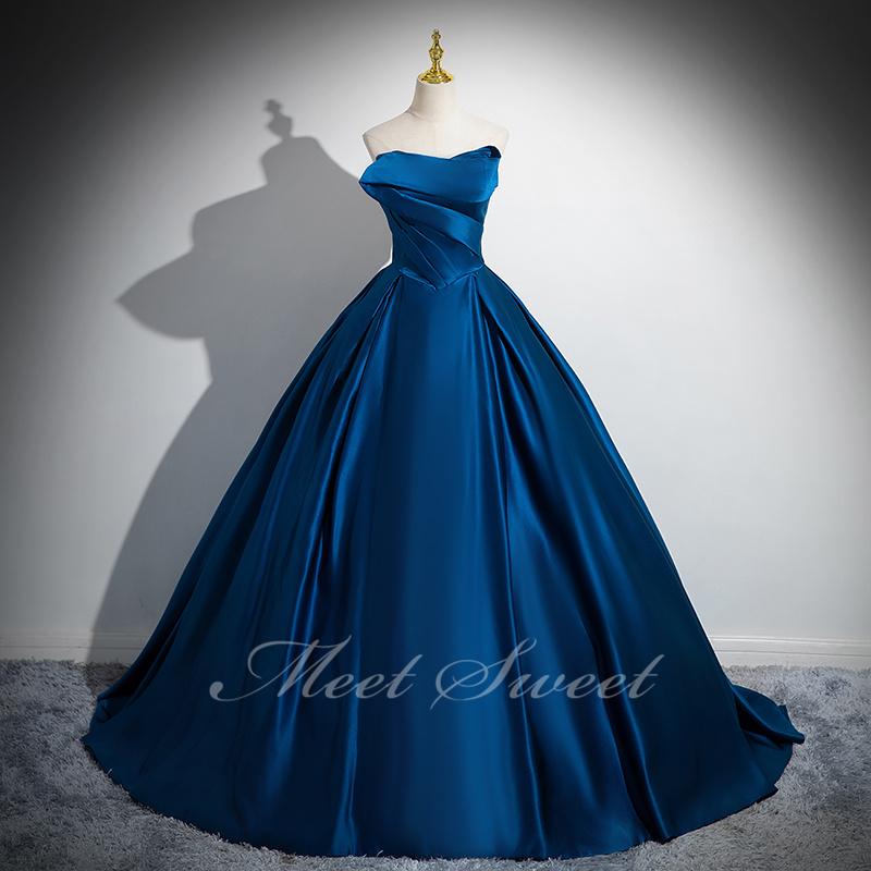カラードレス プリンセスライン ブルー 青 ベアトップ サテン ロングドレス ウェディングドレス 結婚式 二次会 花嫁 前撮り 演奏会 発表会 ステージ衣装