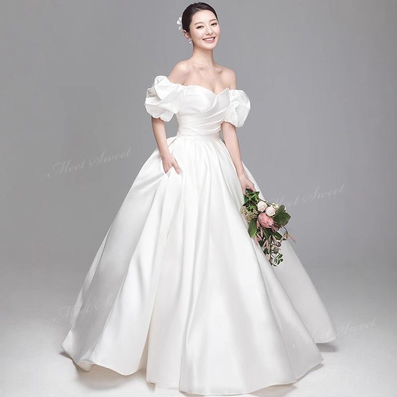 ウェディングドレス プリンセスライン オフショルダー サテン Aライン ロング 二次会 結婚式 披露宴 前撮り 後撮り 発表会 花嫁 ウエディングドレス 花嫁ドレス