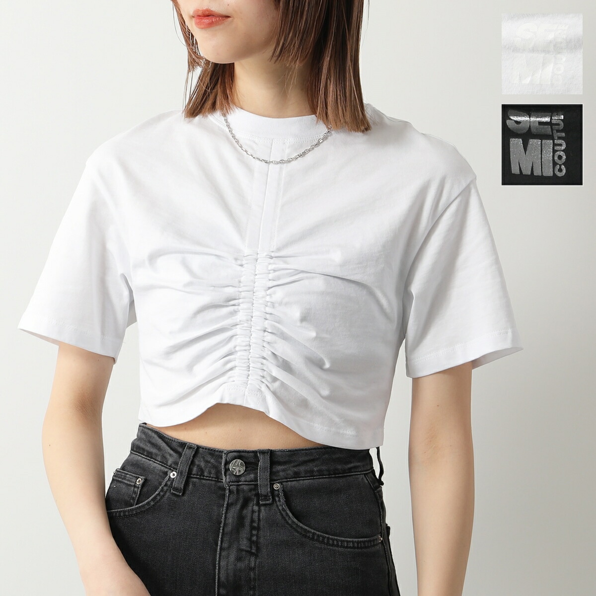 Semicouture セミクチュール 半袖 Tシャツ Y4SJ02 レディース カットソー ショート丈 ギャザー コットン クルーネック カラー2色