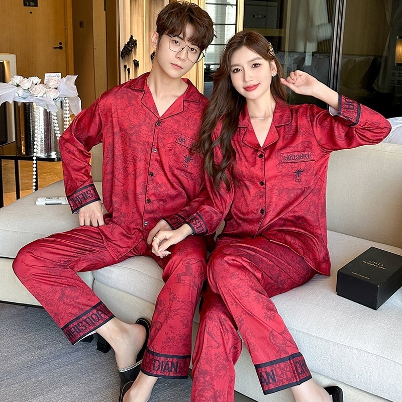レディースレッドパジャマ2025年春巳年アイスシルク風メンズウェディングカップルセット