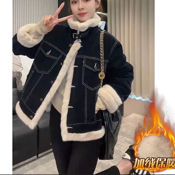 ファッショナブルなトップステッチデニムとベルベットの厚みのあるファーコートカジュアルモーターサイクルカラートップ 5,159円