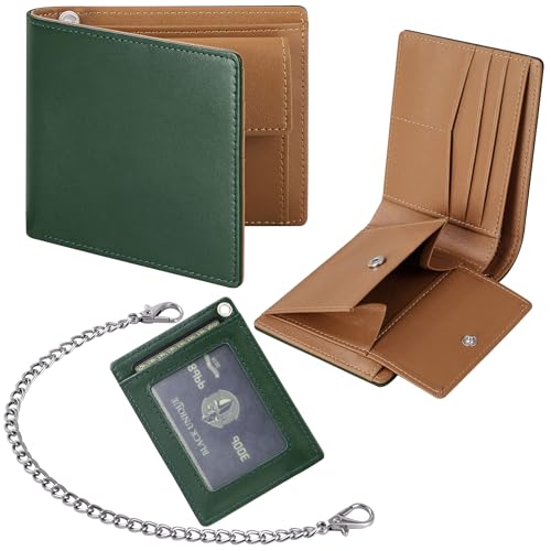 【GSG】栃木レザー 財布 メンズ 2つ折り 大容量 チェーン付き 財布 薄型 コンパクト 取り外しパスケース付き 本革 カードケース 定期入れ カード 人気ブランド グリーン＋ブラウン 24057