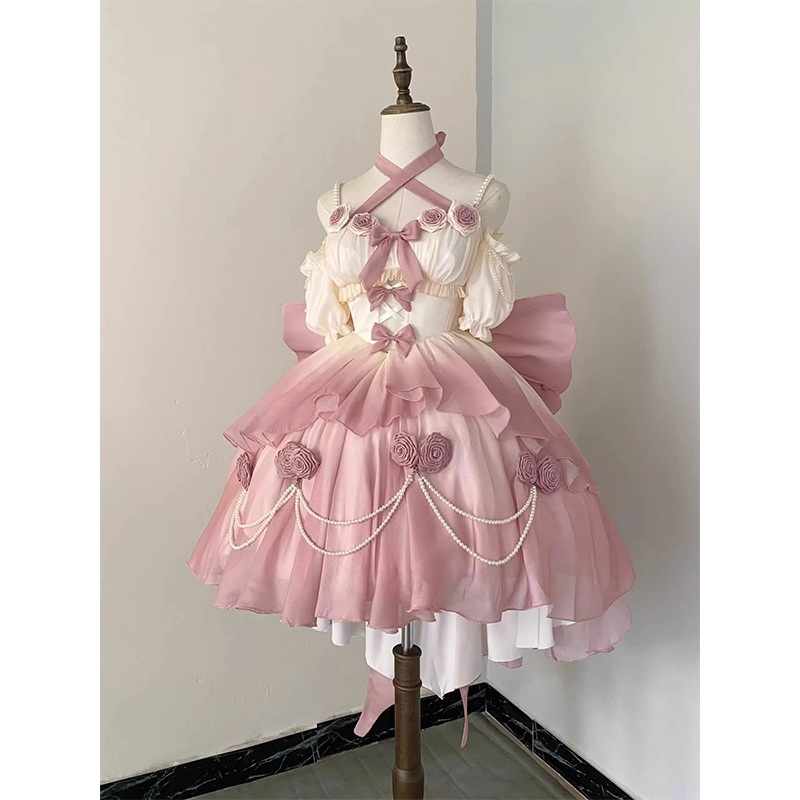 グラデーションピンクライトフラワーウェディングホロウフロントショートバックロングロリータ微ラメロリータゴージャス重工業プリンセスドレス