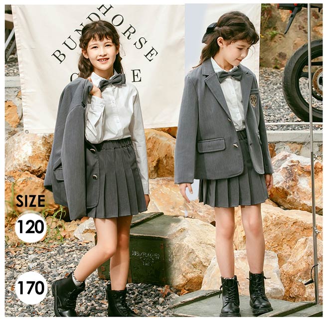 入学式 スーツ 卒業式 スーツ 女の子 中学生 小学生 キッズスーツ 女児スーツ（ジャケットシャツスカートリボン）4点セット グレー フォーマルスーツ かわいい 七五三 ガール 卒業式服 卒園式