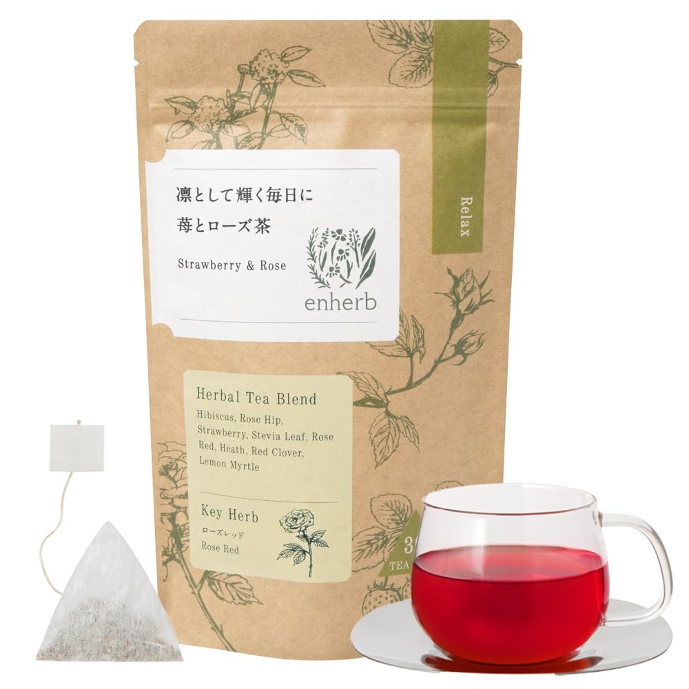 enherb ハーブティー「凛として輝く毎日に苺とローズ茶」×30個 ノンカフェイン ティーバッグ ハイビスカス ローズヒップ ストロベリー