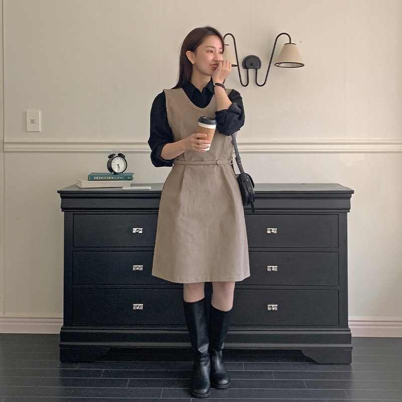 [top0618] 韓国ファッションコーデュロイベルトセットビスティエワンピース